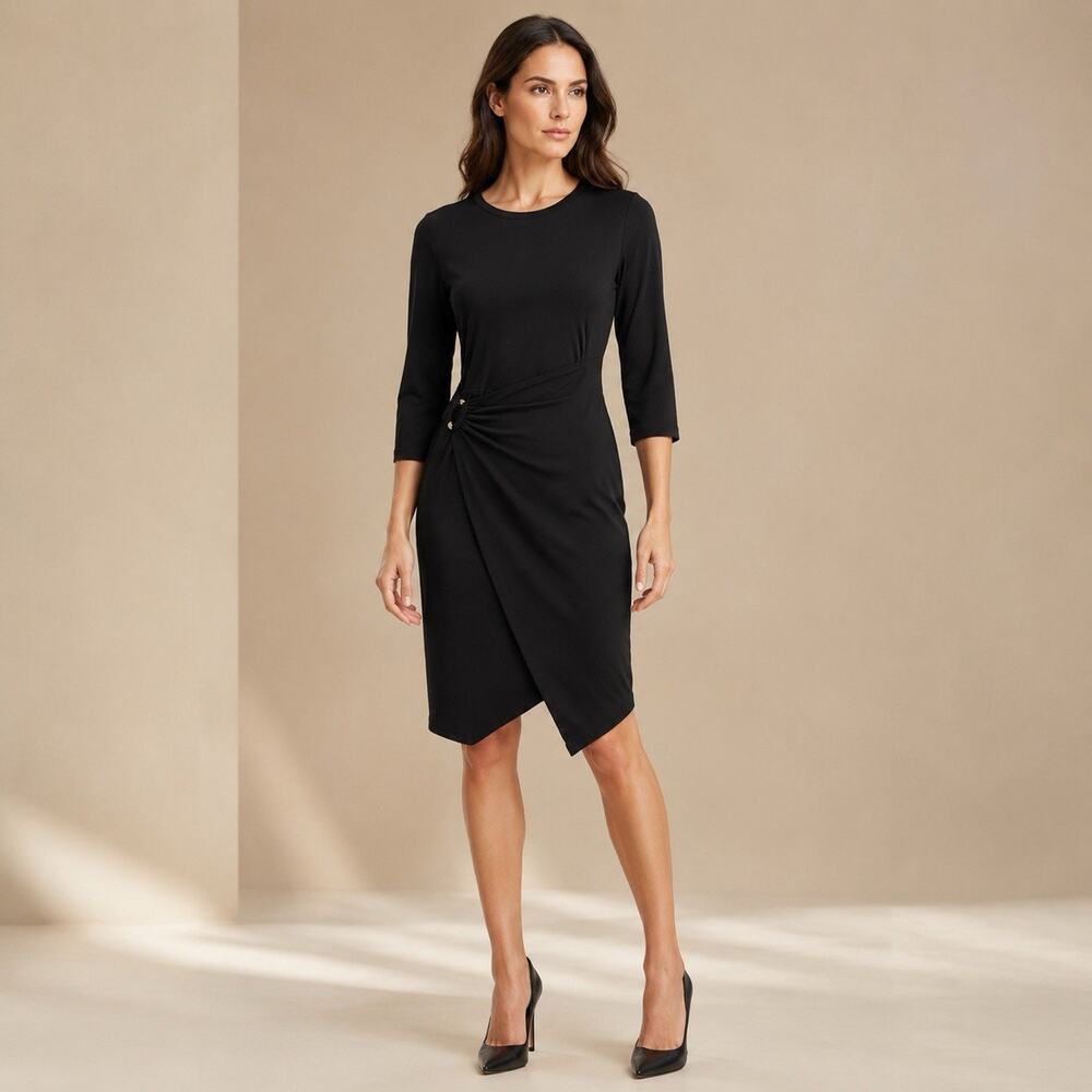 Michael Kors Sheath Dress XS Black Long Sleeve Ring Ruched Slinky Knit MMK